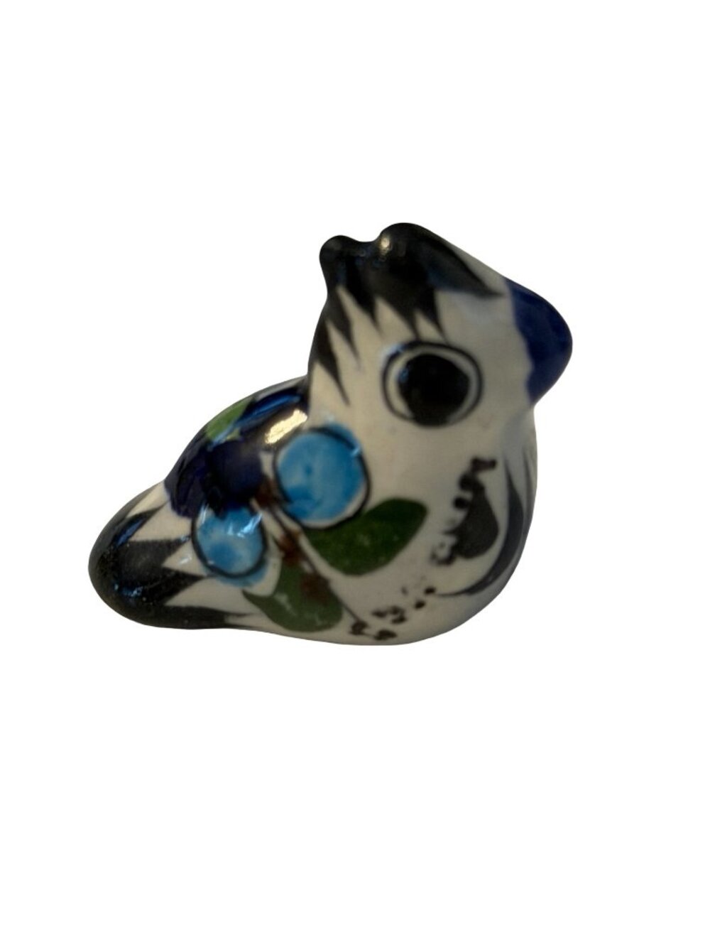 Hand Painted Ceramic Bird Figurine Miniature Blue Floral Pottery Bird Signed 1.5